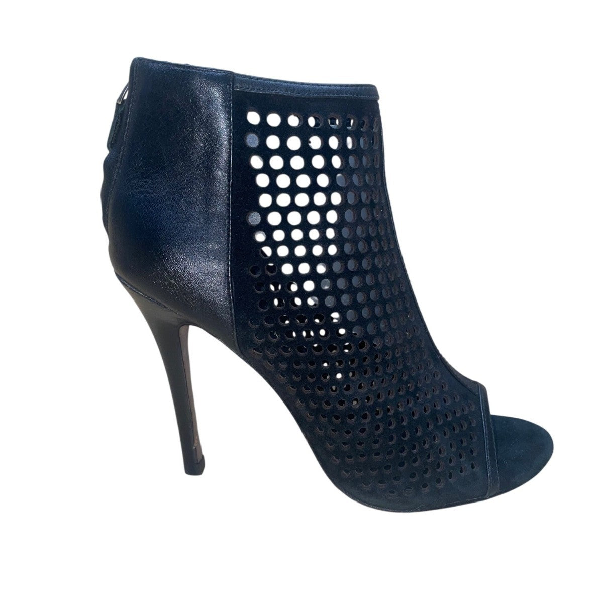 Rebecca Minkoff Women’s Black Leather Perforated Open-Toe High Heel Booties Size