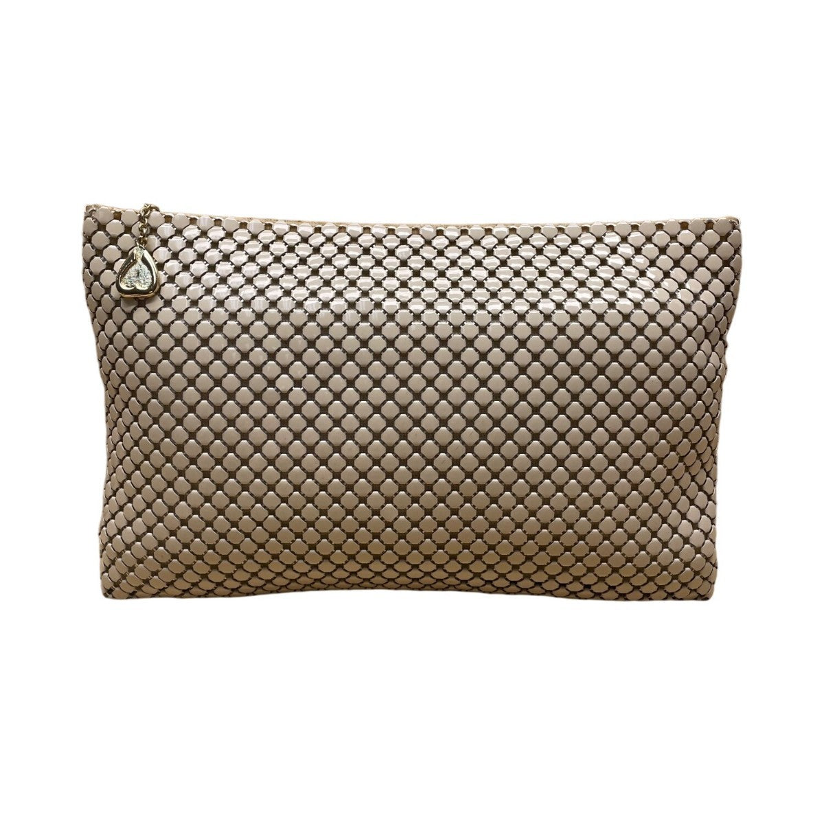 Whiting & Davis Women’s Beige Metal Mesh With Gold Heart Charm Accent Clutch Bag