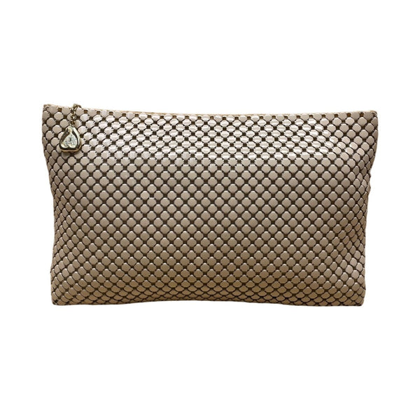 Whiting & Davis Women’s Beige Metal Mesh With Gold Heart Charm Accent Clutch Bag
