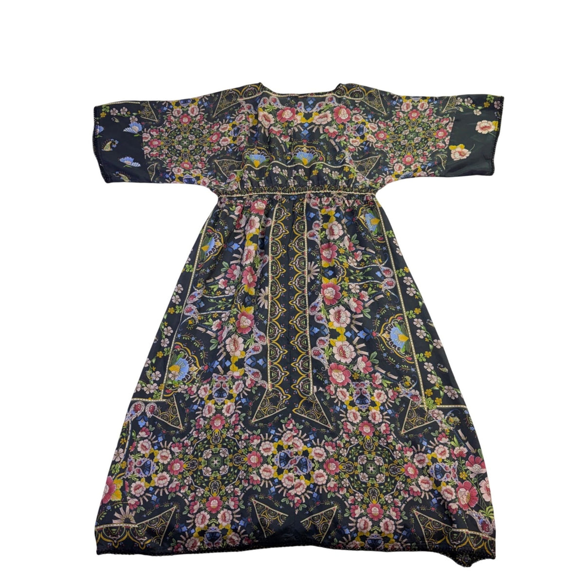 Johnny Was Womens Black Silk Floral Maxi Dress V-Neck Flowy Fit Sz XS 