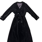 Womens Black Velvet Double-Breasted Belted Coat Warm Outerwear