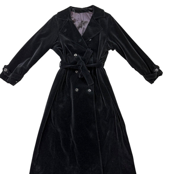 Womens Black Velvet Double-Breasted Belted Coat Warm Outerwear