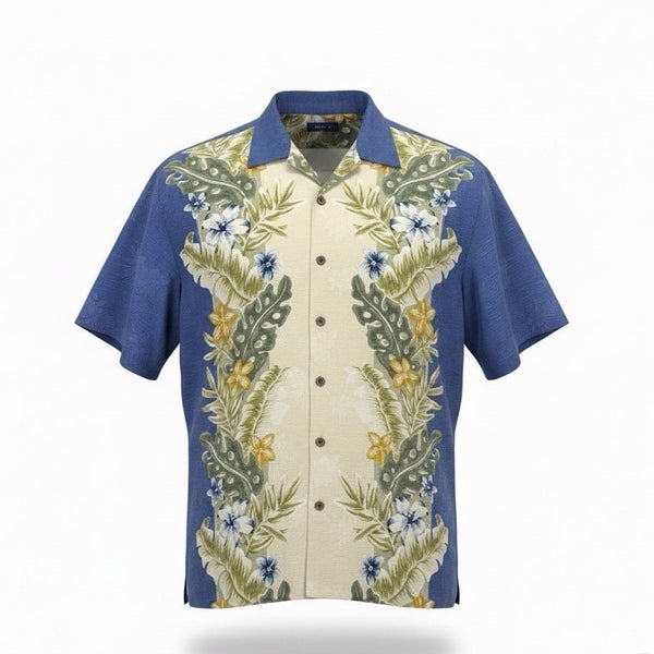 Tommy Bahama Mens Blue Yellow 100% Silk Hawaiian Button-Up Shirt Sz XXL