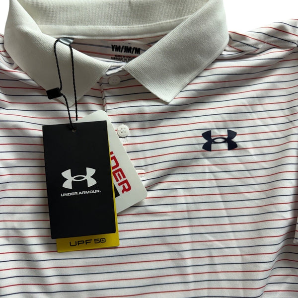 Under Armour Mens White Striped Polo Shirt UPF 50 Short Sleeve Golf Sz M