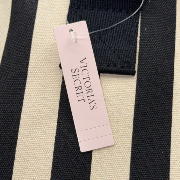 Victorias Secret Women’s Black & Cream Canvas Striped Signature Logo Tote Bag