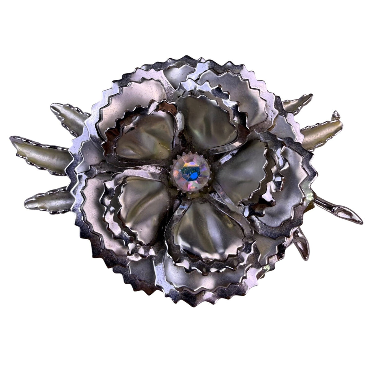 Large Vintage Flower Brooch Silver Tone Women’s Metal Crystal 1950s Design