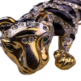 Gold Tone Womens Black Rhinestone Enamel Tiger Brooch With Green Stone Eyes