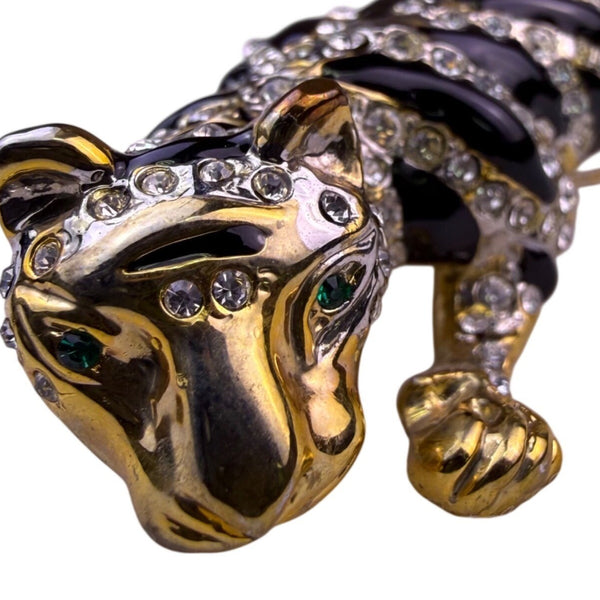 Gold Tone Womens Black Rhinestone Enamel Tiger Brooch With Green Stone Eyes