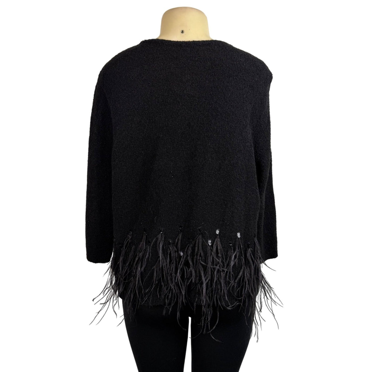 Chicos Womens Black Acrylic/Nylon/Wool Feather Trim Long Sleeve Cardigan Size 2