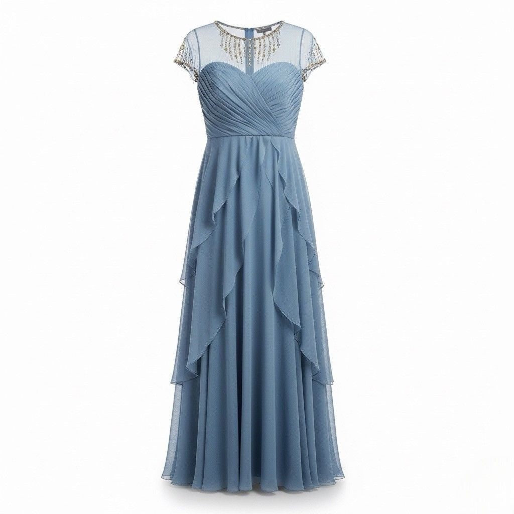 Adrianna Papell Womens Blue Beaded Sheer Sleeve Evening Gown Size 8