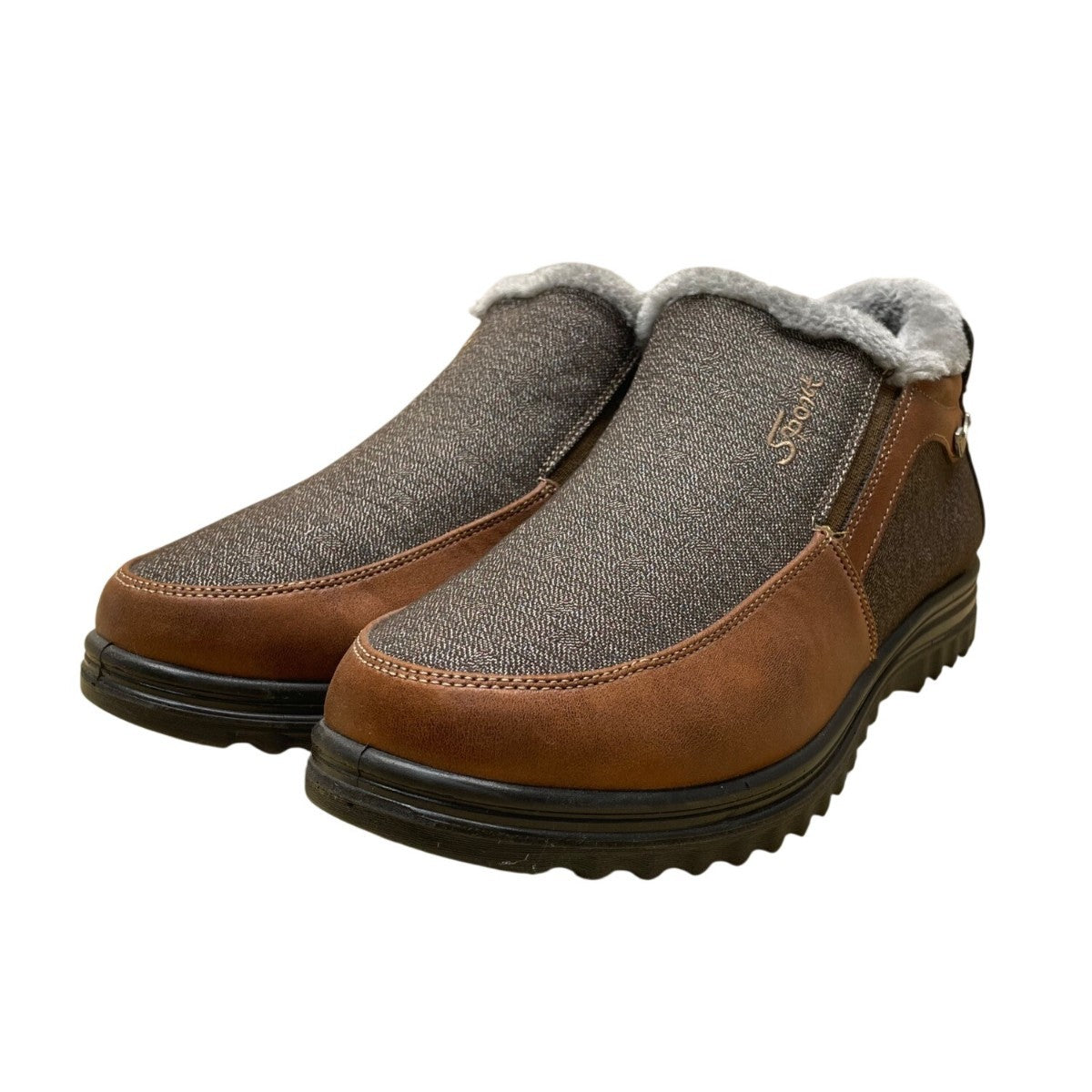 Boxpopla Men’s Brown & Gray Faux Leather Slip-On Winter Boots