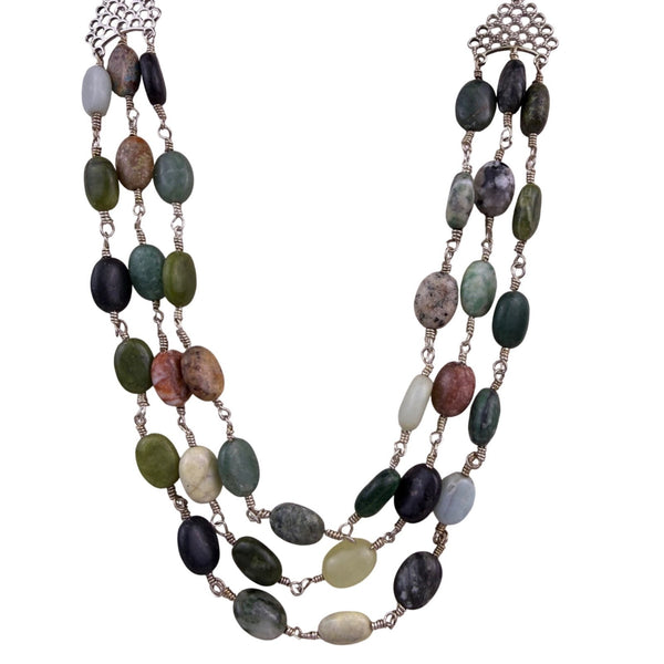 Womens Multicolor Natural Stone Beaded Necklace Silver Tone Handmade