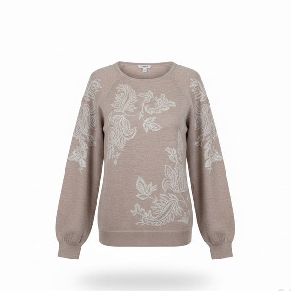 Chicos Womens Beige Embroidered Floral Design Knit Sweater Size M