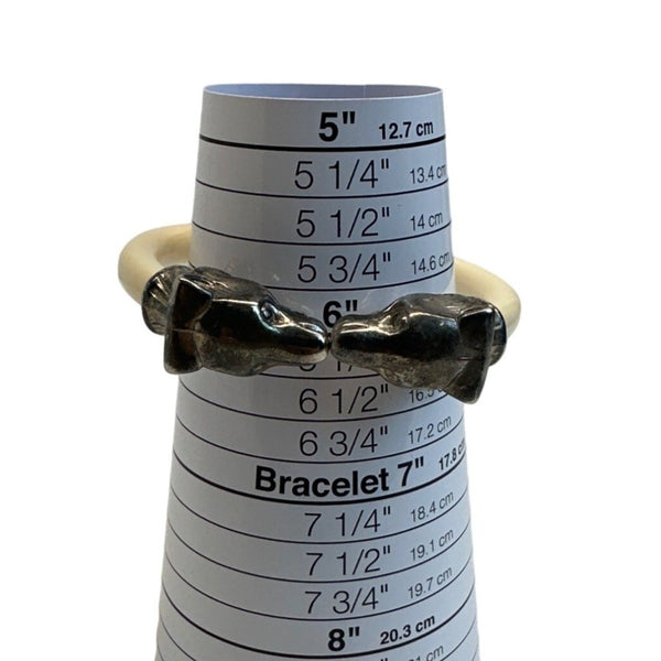 Vtg KIssing Bear Clamp Cuff Silver Tone and White Lucite Bangel Bracelet - 6in