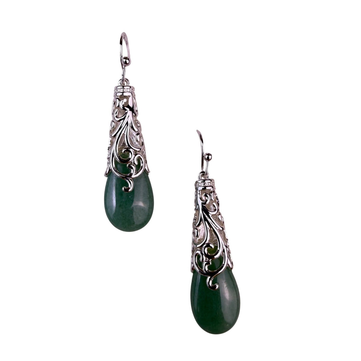 Silver-Tone Womens Green Teardrop Gem Filigree Dangle Earrings Elegant Design