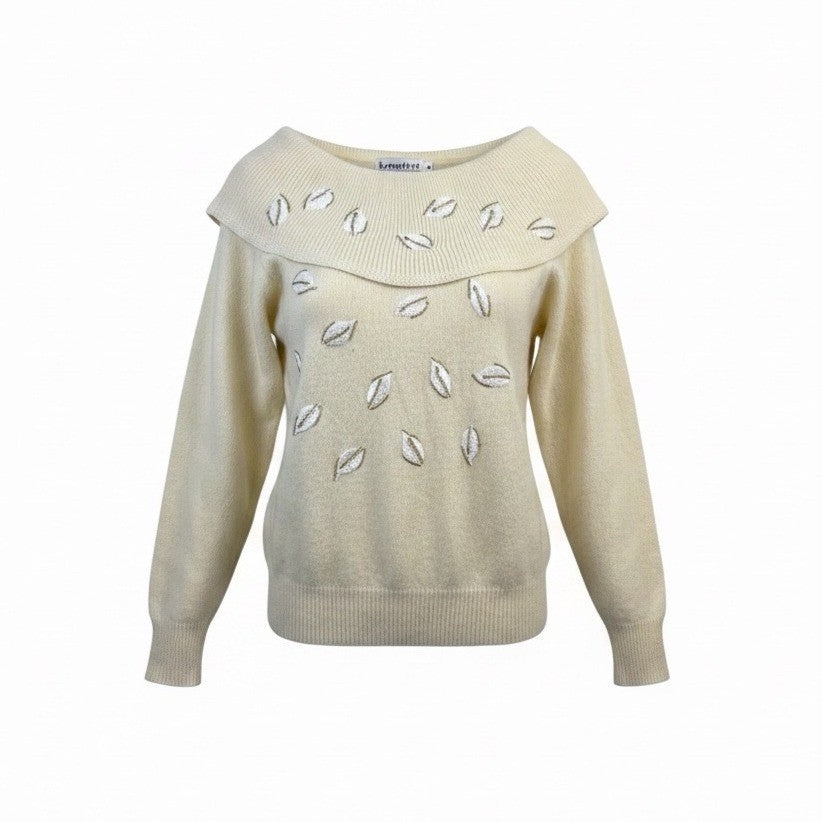 Première Womens Beige Lambswool Off-Shoulder Embroidered Sweater Size M