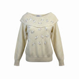 Première Womens Beige Lambswool Off-Shoulder Embroidered Sweater Size M