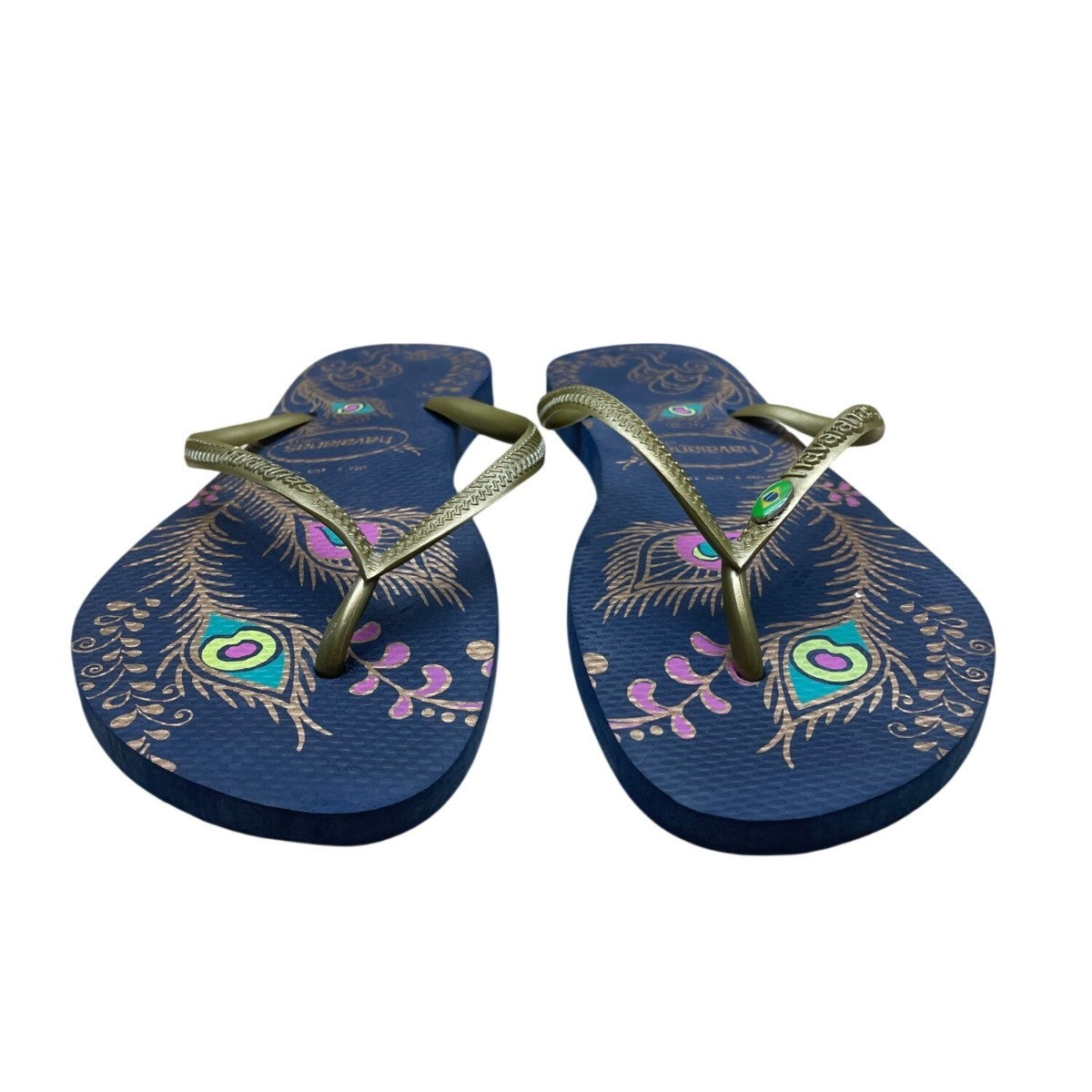 Havaianas Women’s Navy & Gold Peafowl Feather Print Slim Flip Flops Size 9US