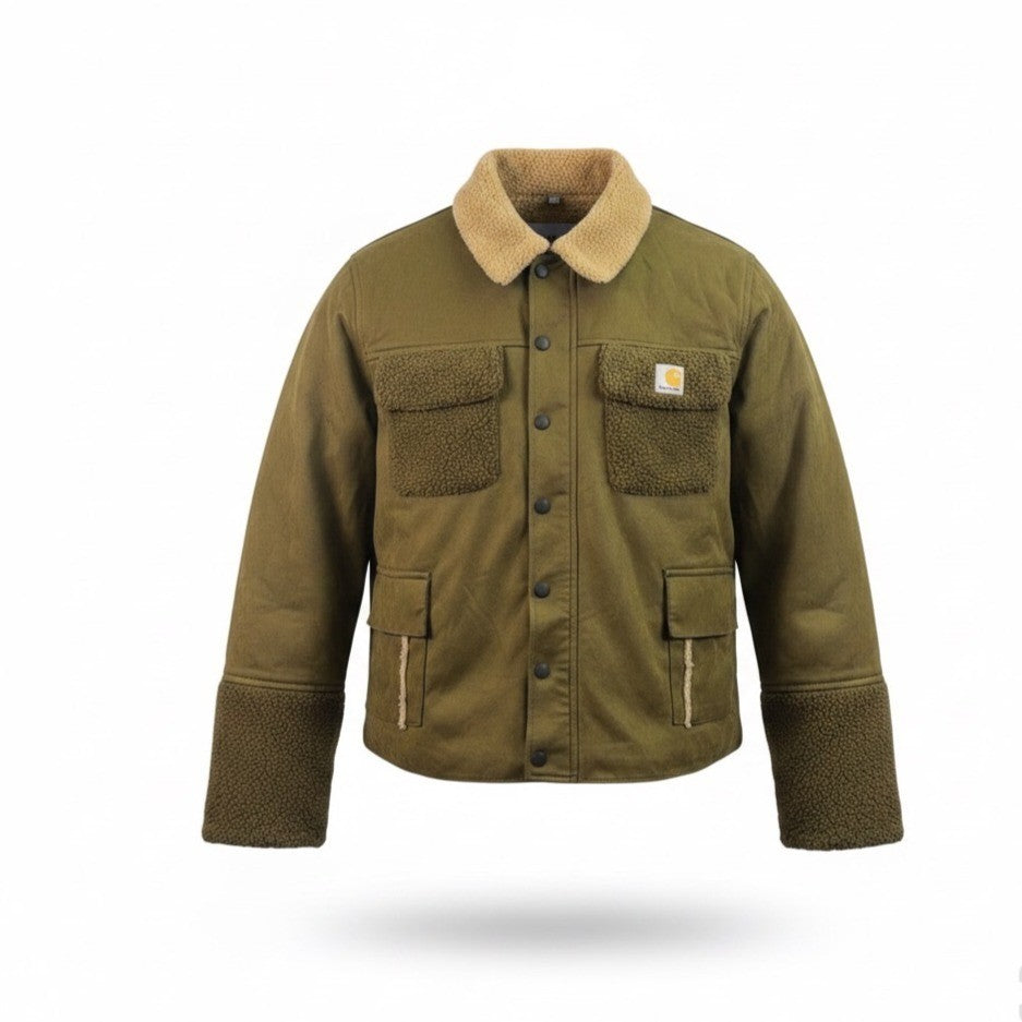 Carhartt Women’s Olive Green Sherpa-Lined Jacket Button Front Dual Pockets Sz XL