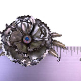 Large Vintage Flower Brooch Silver Tone Women’s Metal Crystal 1950s Design
