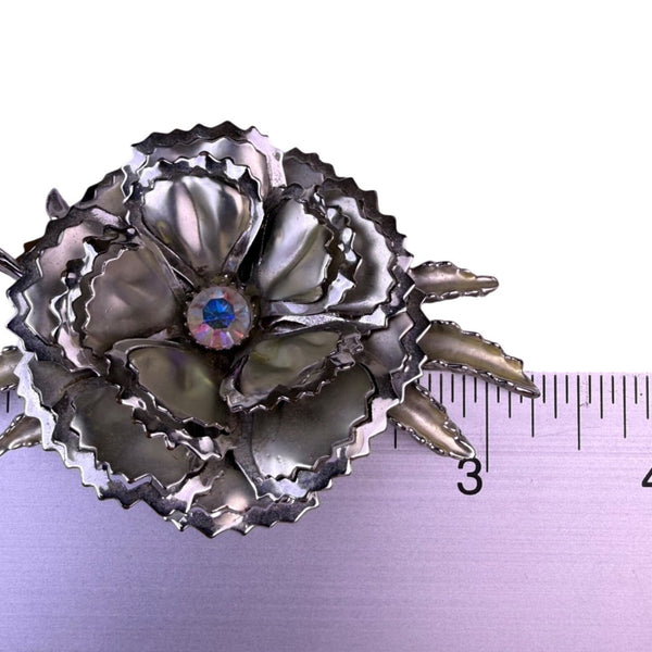 Large Vintage Flower Brooch Silver Tone Women’s Metal Crystal 1950s Design
