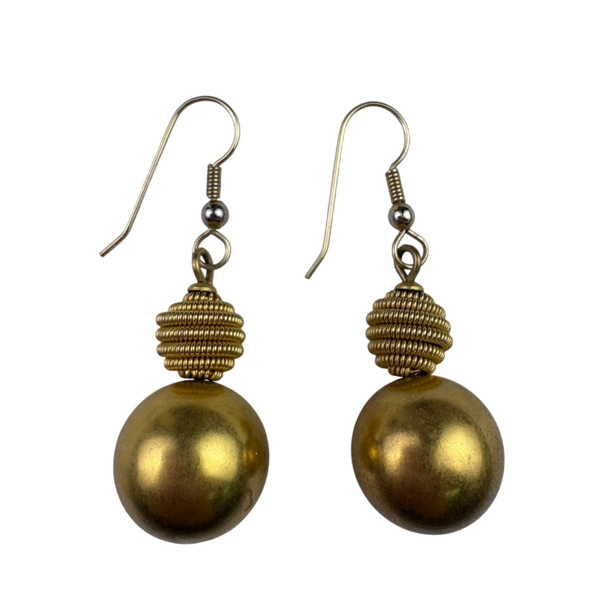 Vintage Gold Tone Metal Beaded Dangle Earrings Lightweight Hook Design