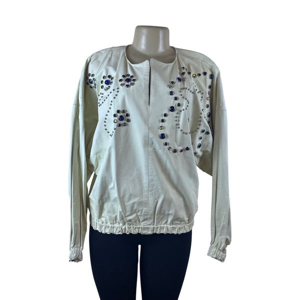 Polly Edwards Womens White Gem Embellished Vintage Sweater Jacket Elastic Hem
