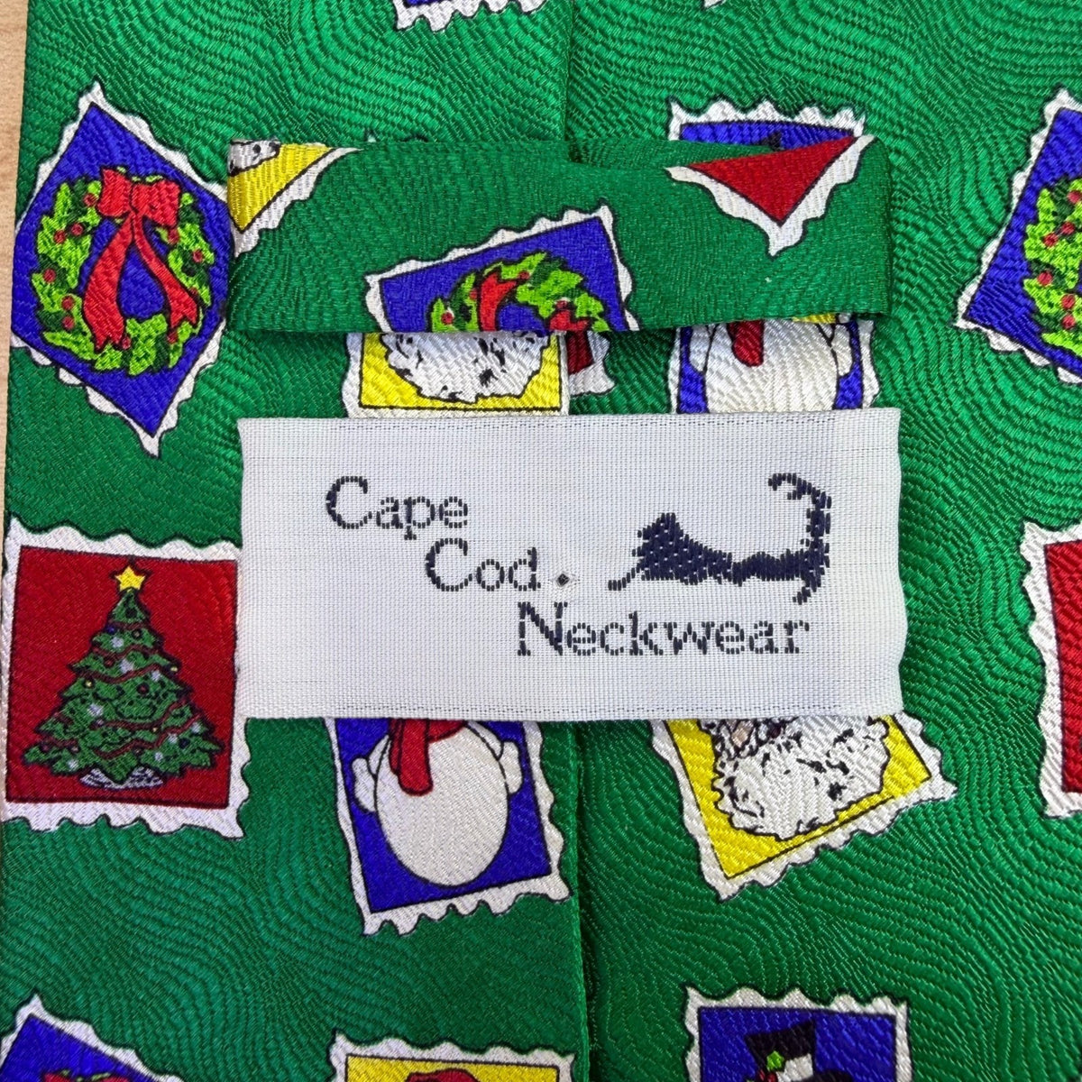 Cape Cod Mens Green Silk Christmas Holiday Tie Snowman Santa Tree Print OS
