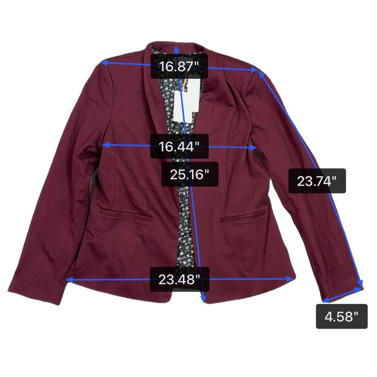 Skies Are Blue Womens Burgundy Open-Front Blazer Floral Lining Size L