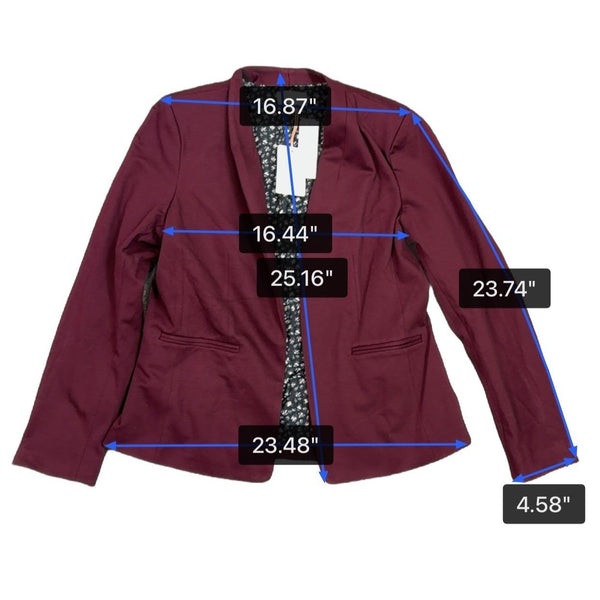 Skies Are Blue Womens Burgundy Open-Front Blazer Floral Lining Size L