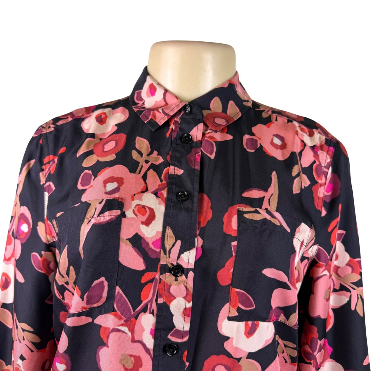 Kate Spade Womens Black & Pink Silk Floral Button-Up Blouse Elegant Top Size S