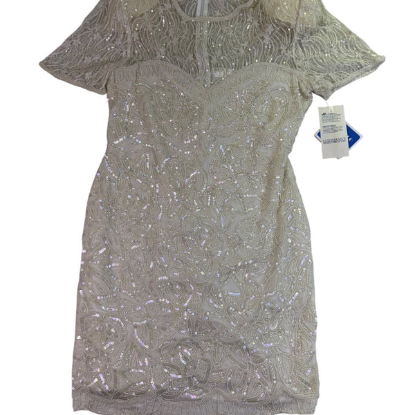 Sweelo Womens Ivory Silk Beaded Short Sleeve Dress Elegant Sequins Layered Sz XL