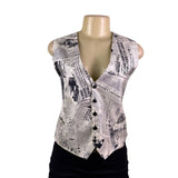 Gouda New York Womens Black & Ivory Newspaper Print Vest Stylish Button Up Sz L