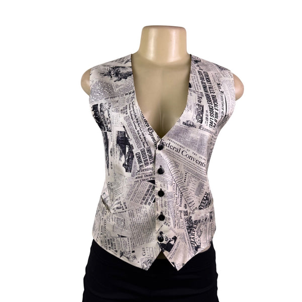 Gouda New York Womens Black & Ivory Newspaper Print Vest Stylish Button Up Sz L