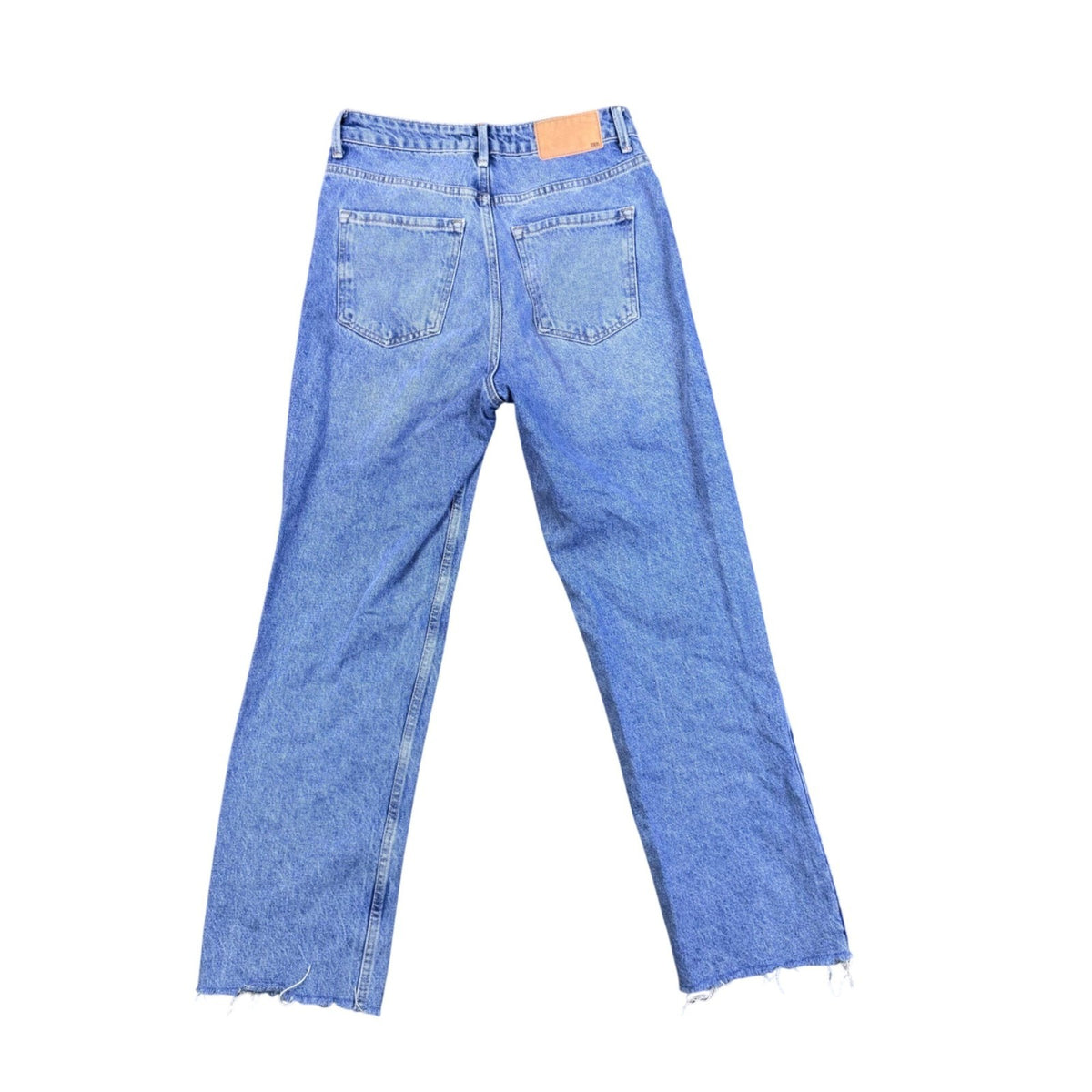 Zara Womens Blue Cotton Straight Leg Frayed Hem Jeans High Waist Denim Size 6