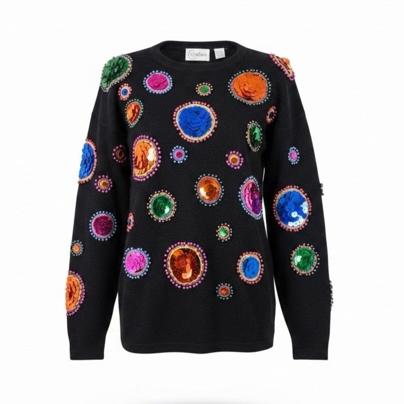Cedars Womens Black Wool Sweater Sequin Embellished Circles Size L
