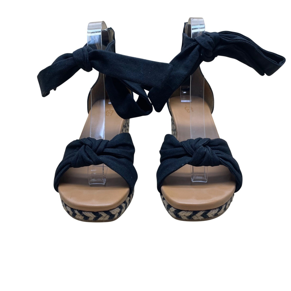 UGG Womens Black Fabric Wedge Sandals Bow Ankle Strap Espadrille Design Size 7