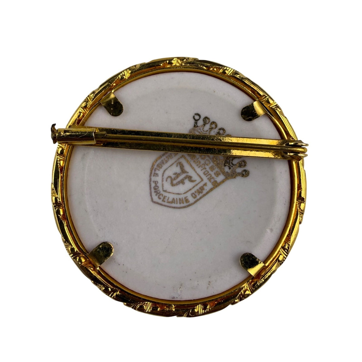 Limoges France Gold Tone Porcelain Vintage Brooch Hand Painted Scene
