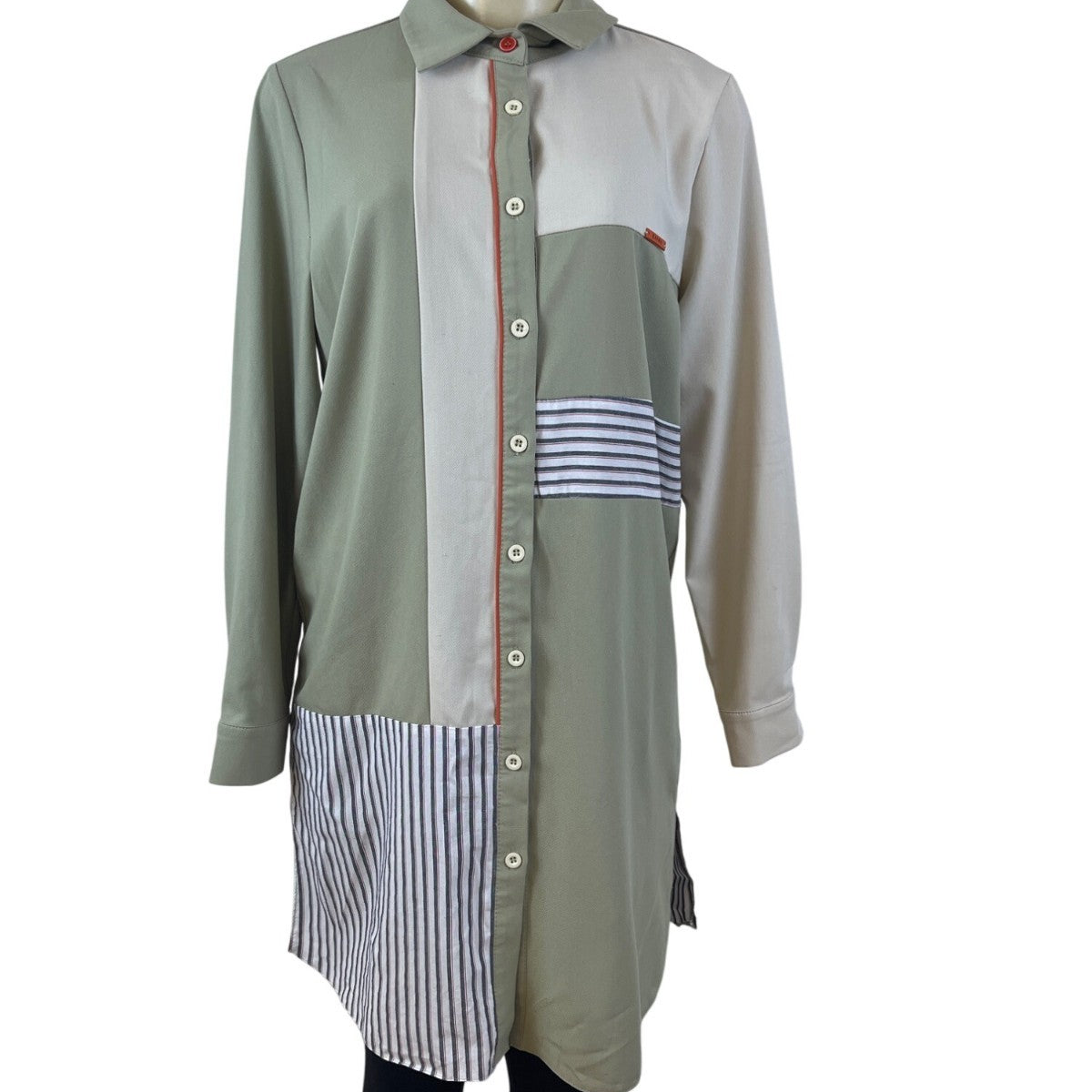 Kayra Womens Green Multicolor Striped Shirt Dress Long Sleeve Size 38