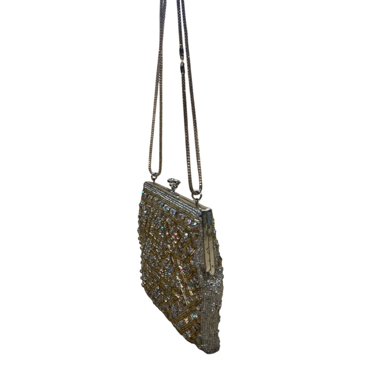 Vintage Women’s Gold Crystal Beaded Clutch Bag With Chain Strap & Satin Lining