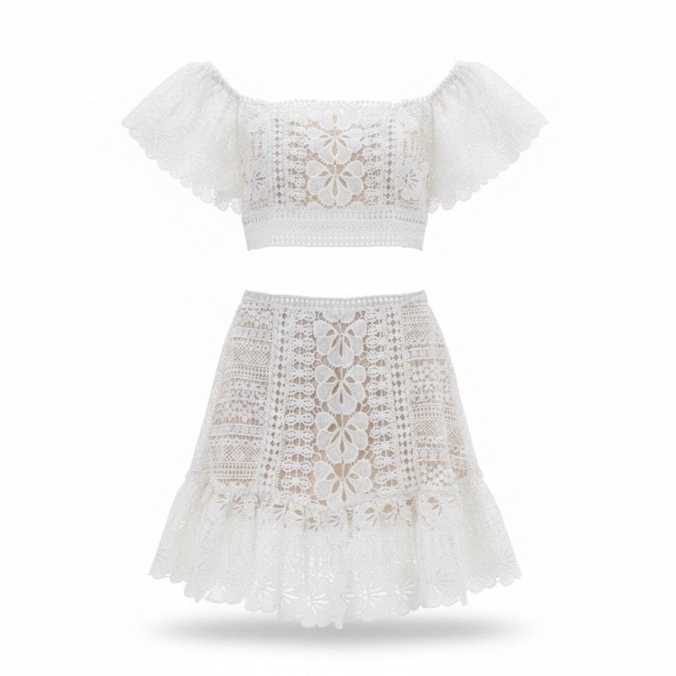 Selfie Leslie Womens White Crochet Lace 2-Piece Outfit Top XS  & Skirt S 