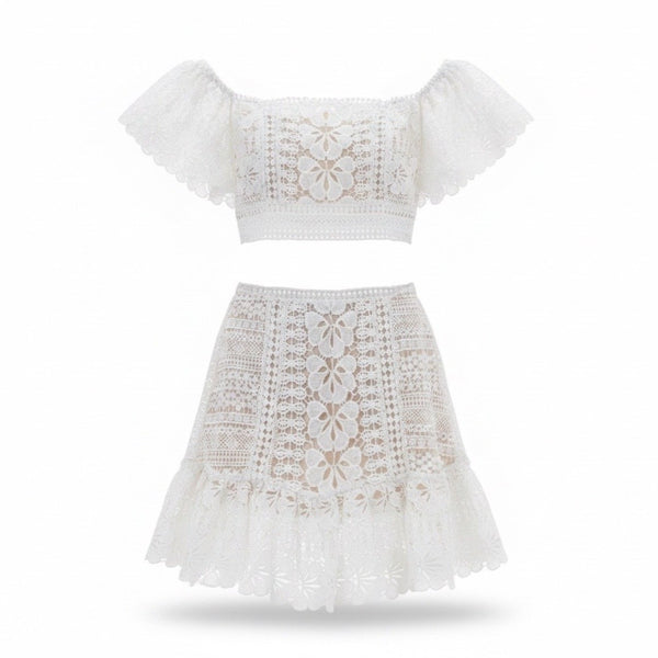 Selfie Leslie Womens White Crochet Lace 2-Piece Outfit Top XS  & Skirt S 