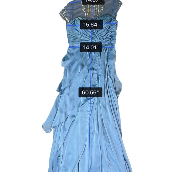 Adrianna Papell Womens Blue Beaded Sheer Sleeve Evening Gown Size 8