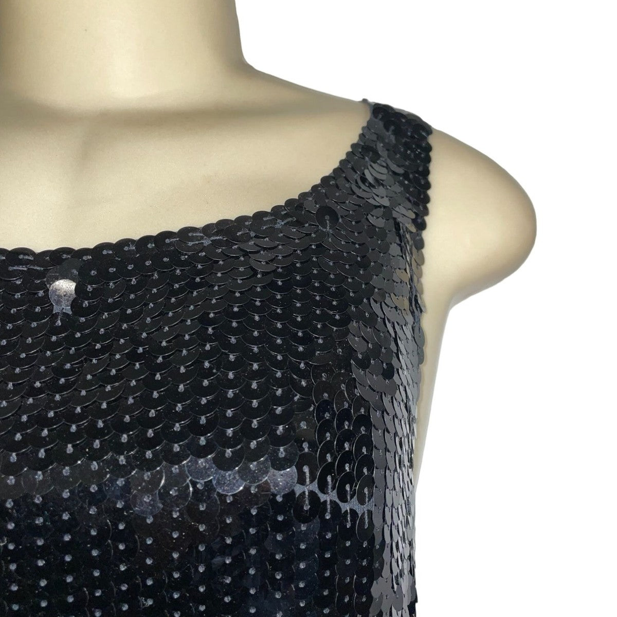 Banana Republic Black Sequin Sleeveless Dress 12P Petite Scoop Neck Front & V-Ba