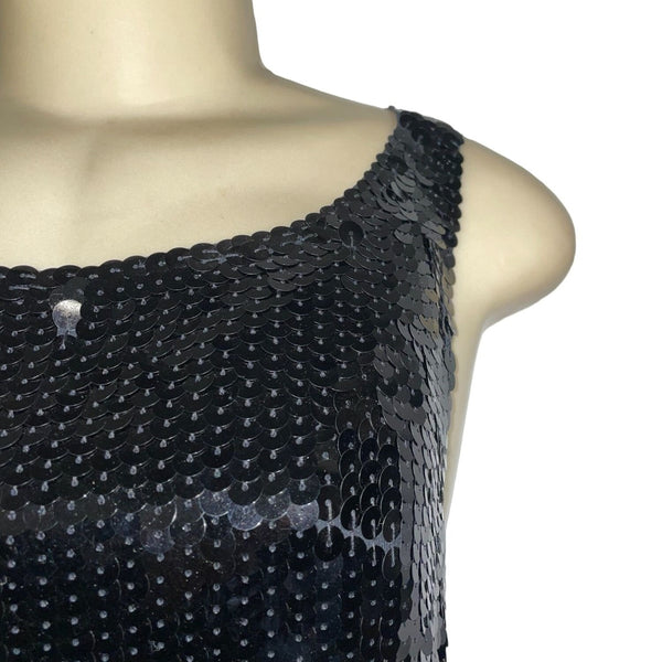 Banana Republic Black Sequin Sleeveless Dress 12P Petite Scoop Neck Front & V-Ba
