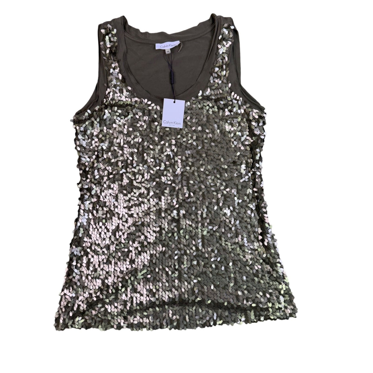 Calvin Klein Womens Olive Sequined Tank Top Petite Stylish Lightweight Sz M