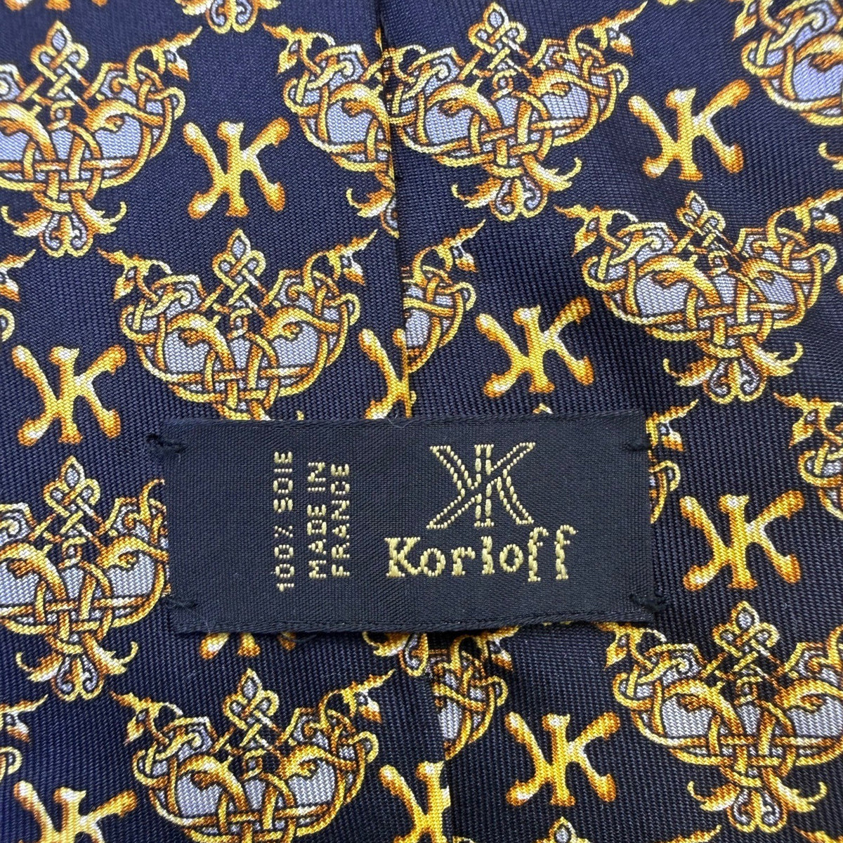 Korloff Mens Navy & Gold Silk Necktie Patterned Made In France Stylish Accessory