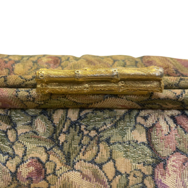 Vintage Women’s Green & Purple Floral Brocade Metal Bamboo Clasp Clutch Bag