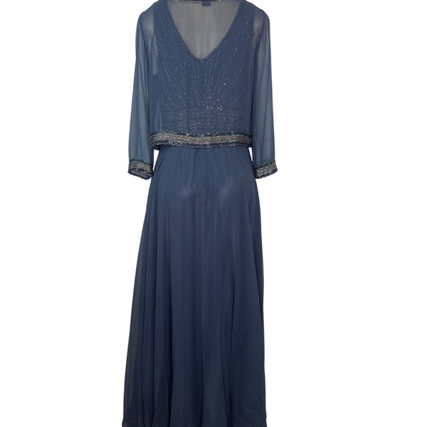 Jkara Women’s Navy Blue Beaded Sleeveless Evening Gown With Sheer Jacket Sz 12