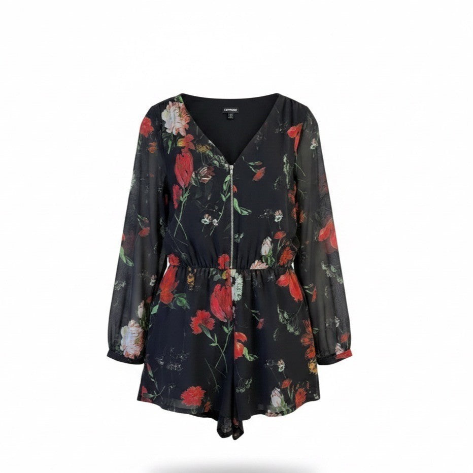 Express Womens Black Polyester Floral Long Sleeve Romper Machine Washable Size L
